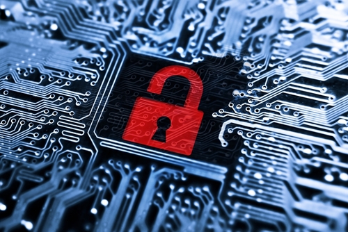 red unlocked padlock embedded in a circuit board