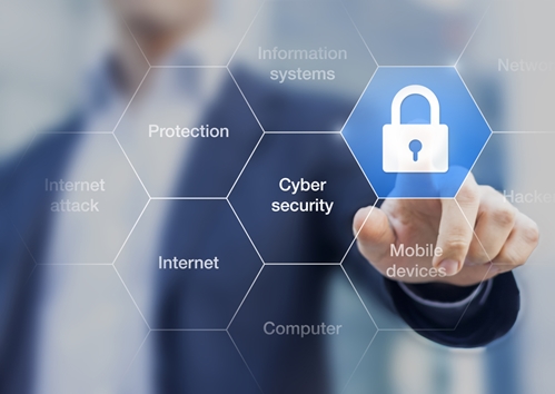 cybersecurity hexagon diagram with finger pointing to padlock