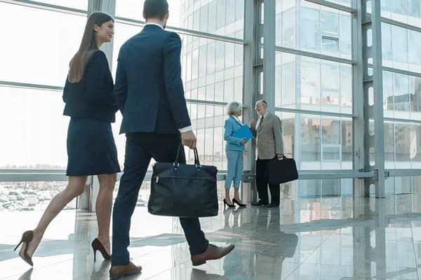 business people walking in glass building