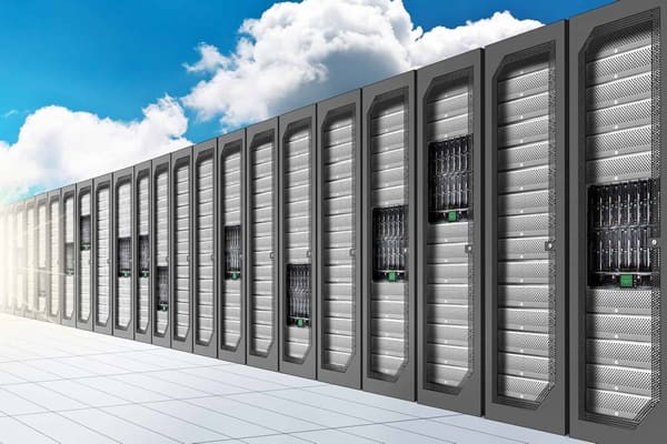row of servers with clouds in the background