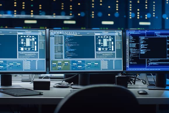 computer screens showing data and diagrams